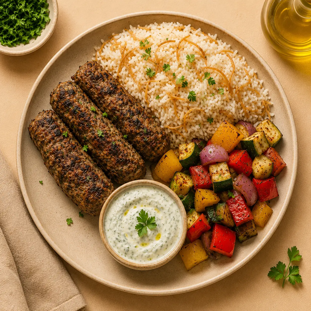 Kefté, riz vermicelle & légumes