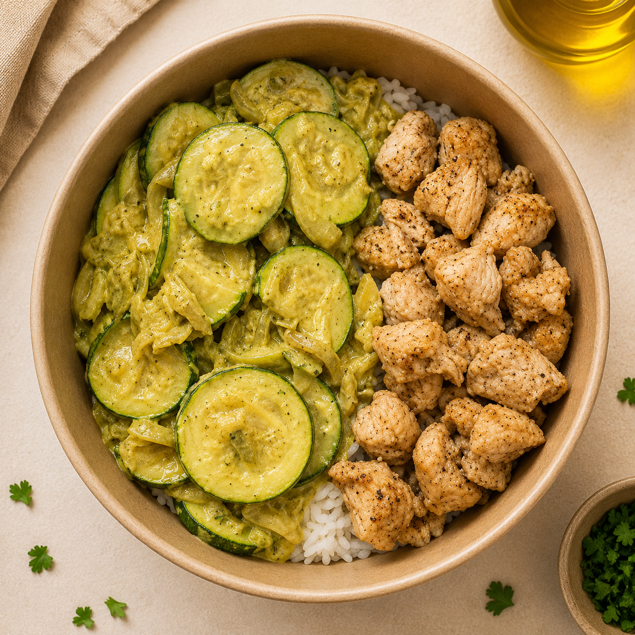 Poulet, courgettes au curry et riz basmati – Prep'eat