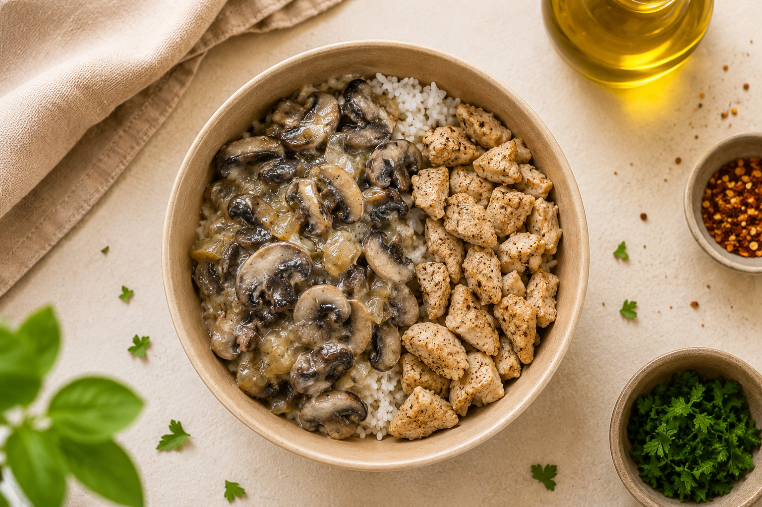 Poulet, champignons à la crème et riz basmati – Prep'eat