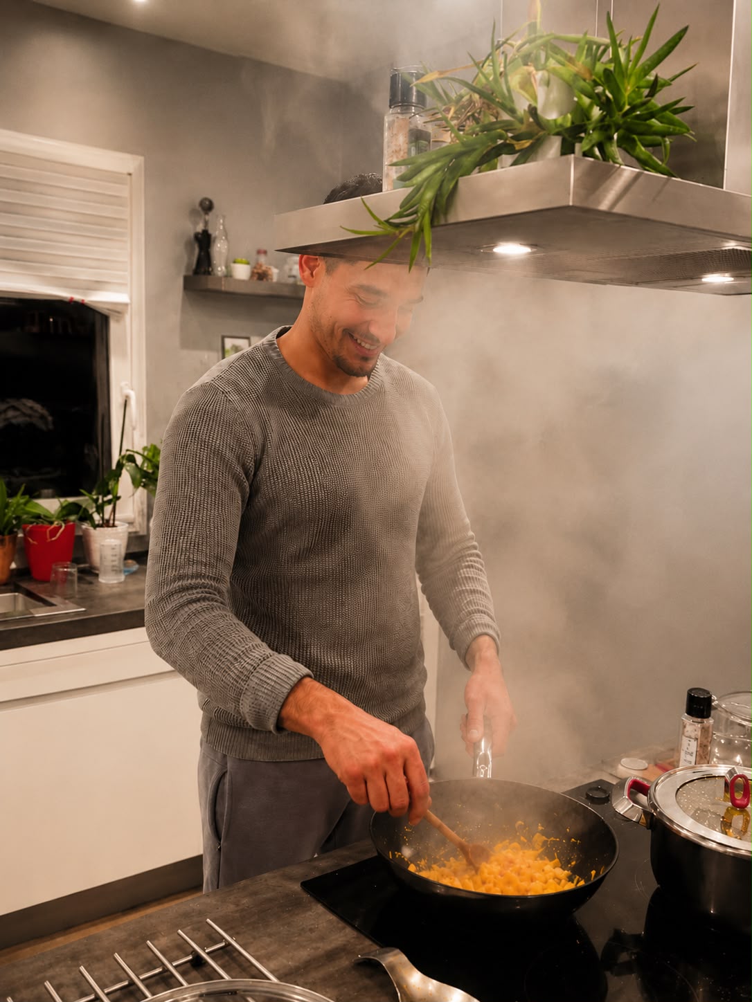 Badr, fondateur de prep'eat, en train de cuisiner au wok dans la cuisine Prep'eat