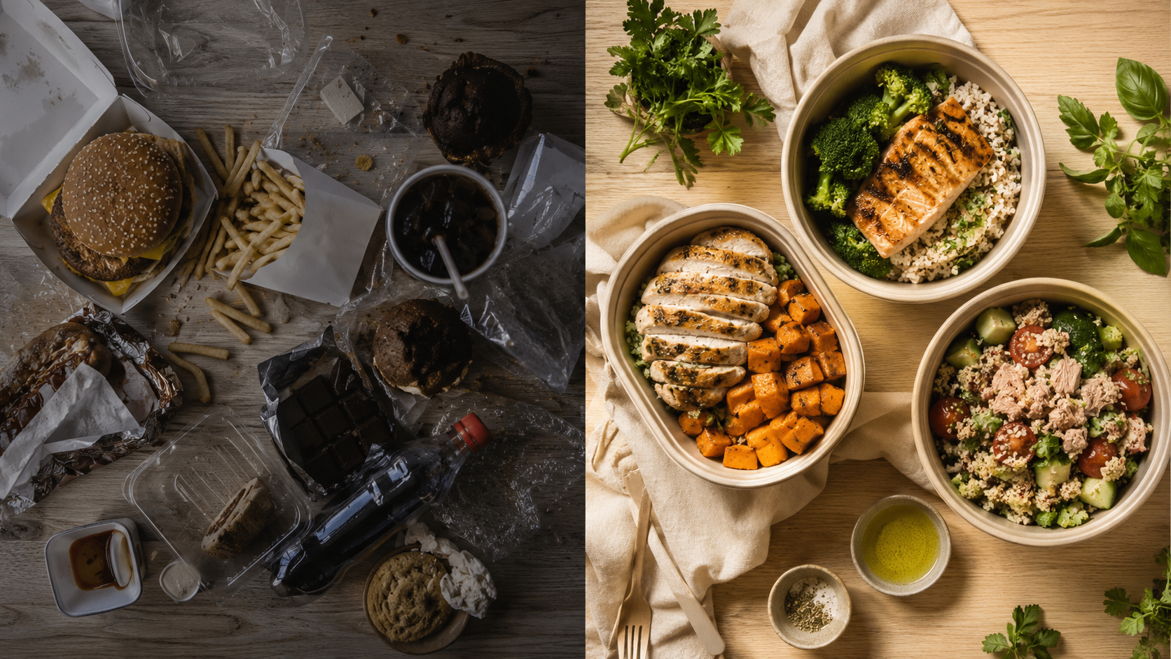 Fast-food ultra-transformé face à des repas prep'eat frais et équilibrés