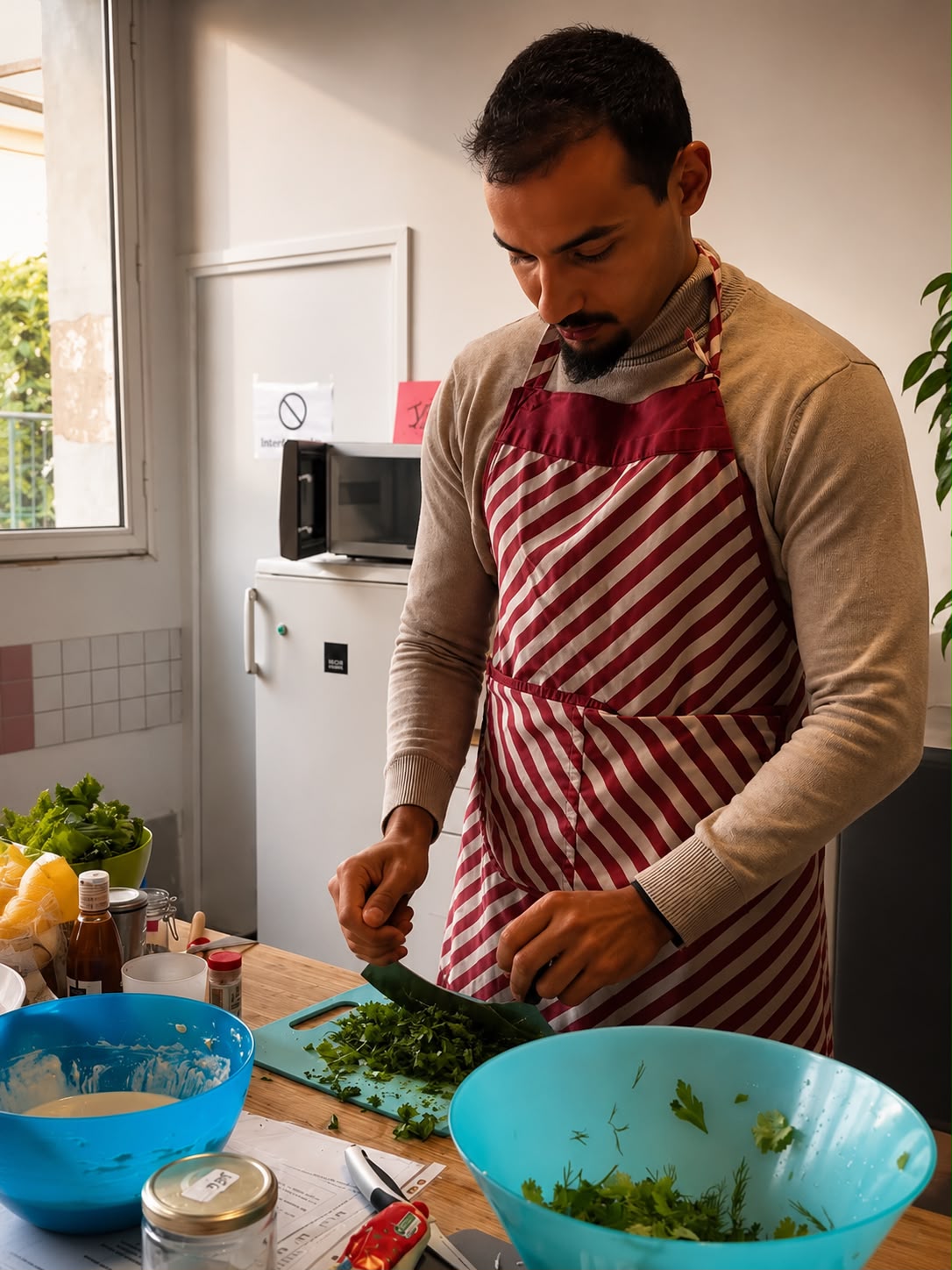 Badr en préparation des commandes, hachant des herbes fraîches dans la cuisine Prep'eat