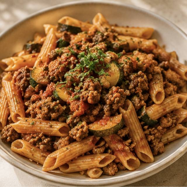 Pâtes complètes, bœuf & légumes