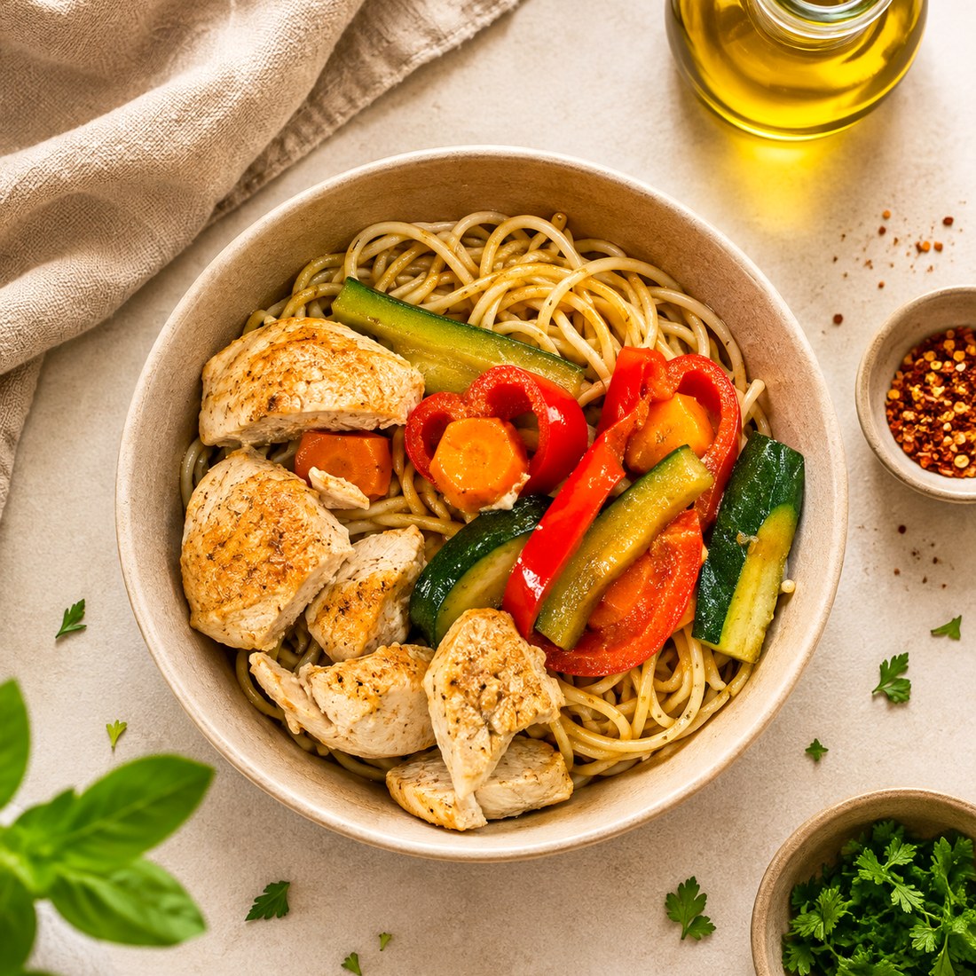 Pâtes complètes au poulet et légumes – Prep'eat